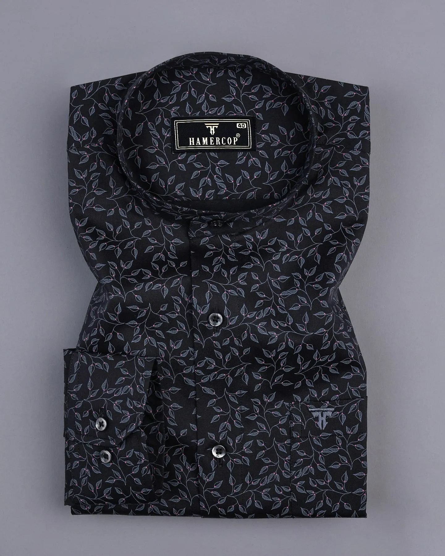 Luma Black Satin With Gray Leaf Printed Cotton Shirt