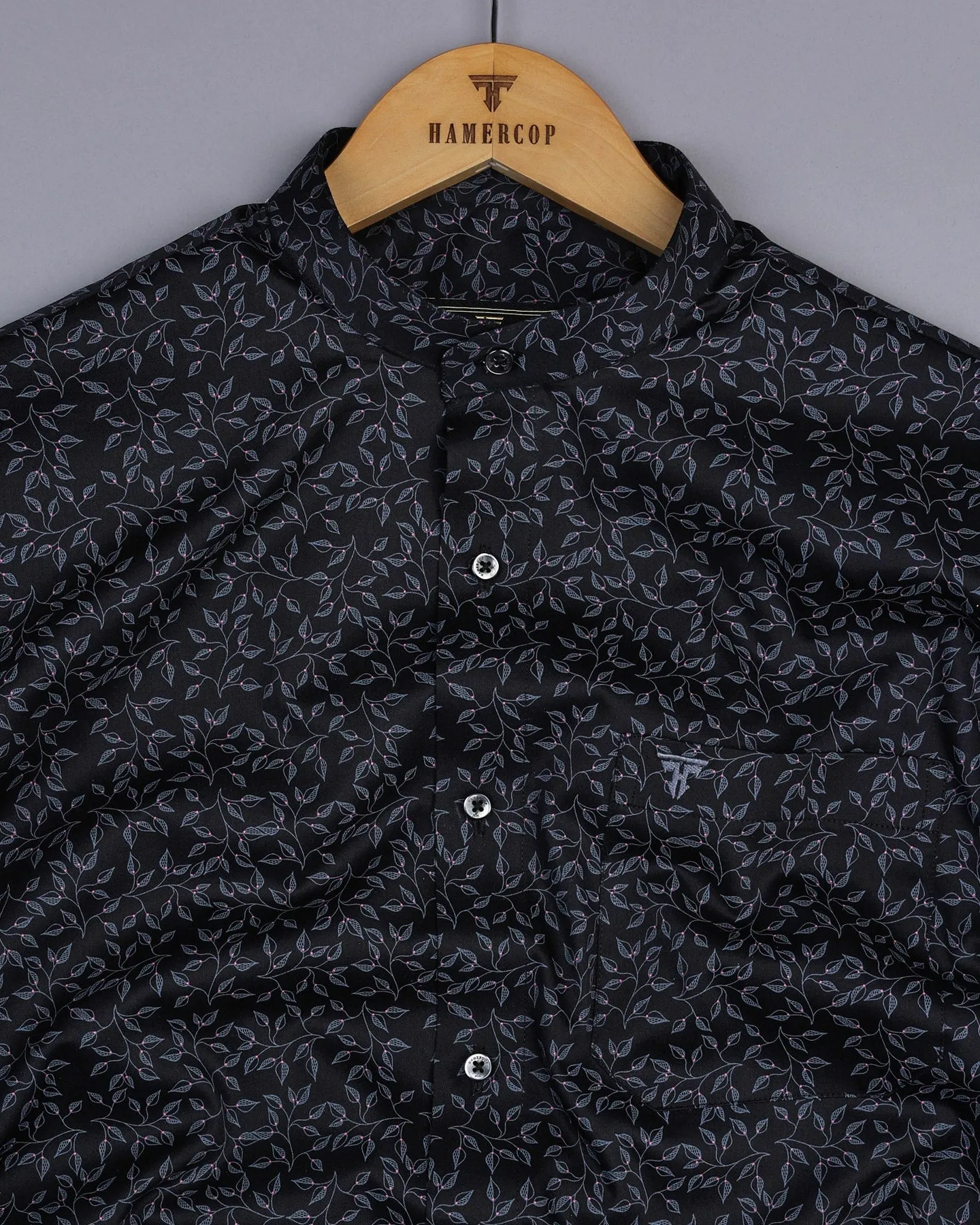 Luma Black Satin With Gray Leaf Printed Cotton Shirt