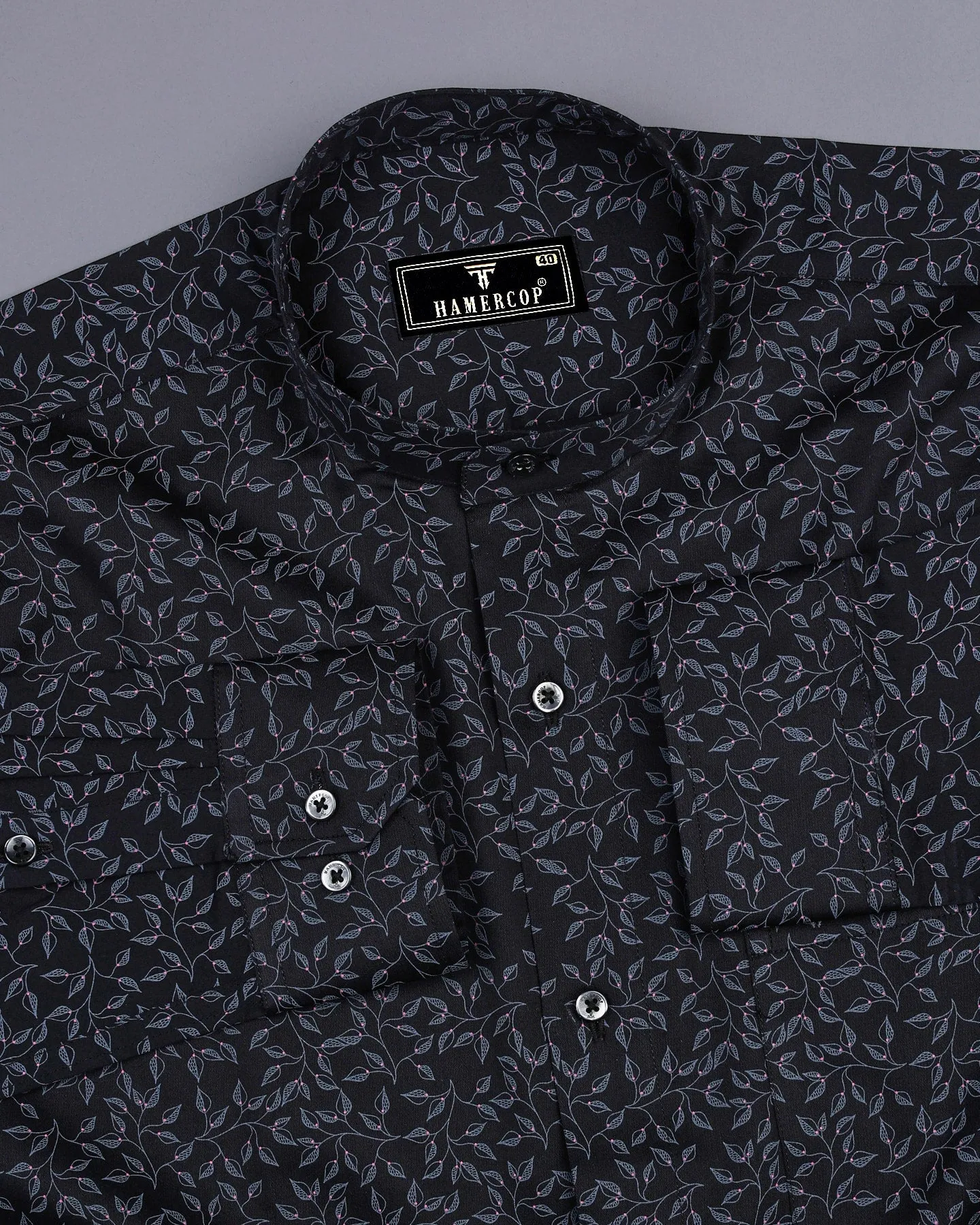 Luma Black Satin With Gray Leaf Printed Cotton Shirt