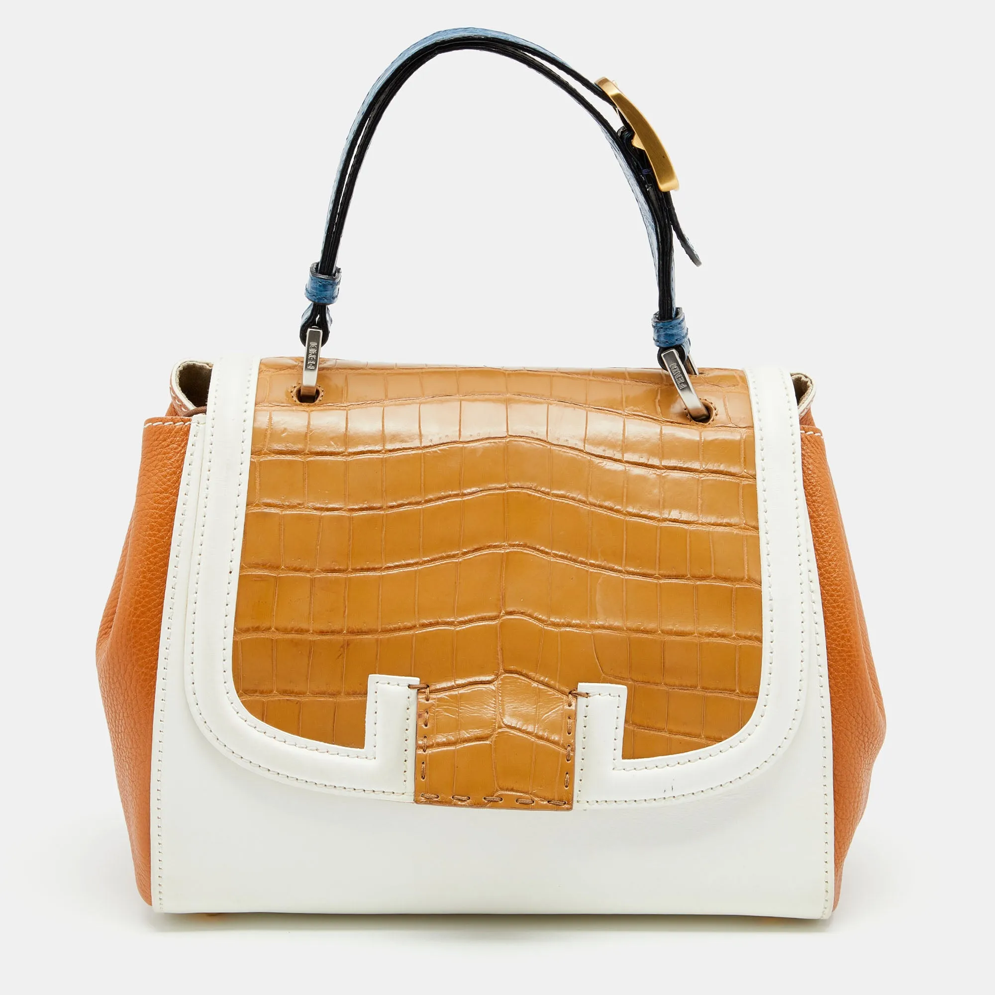 Multicolor Leather And Crocodile Silvana Top Handle Bag