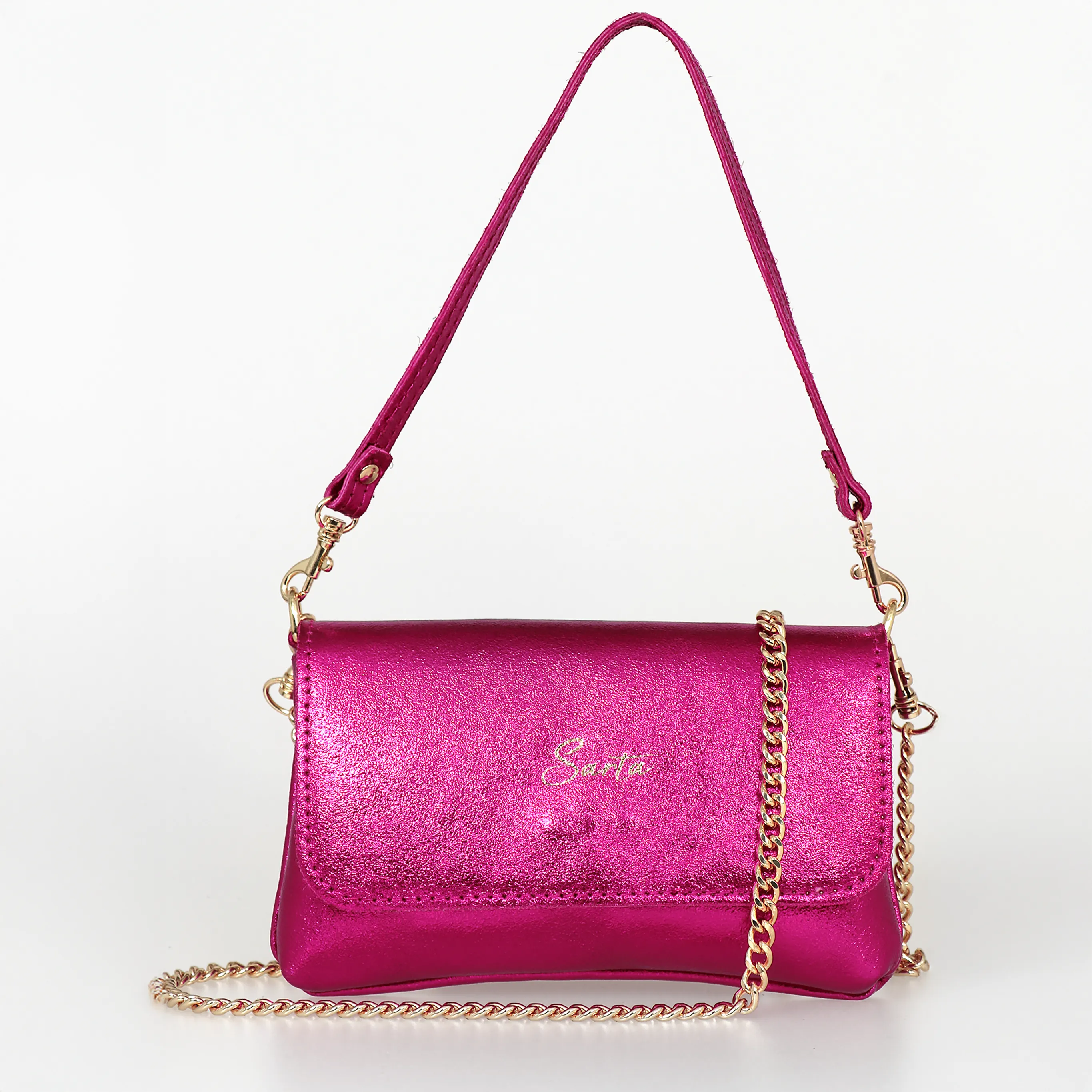 Olga - Italian Leather Mini Crossbody Bag - Raspberry, Metallic