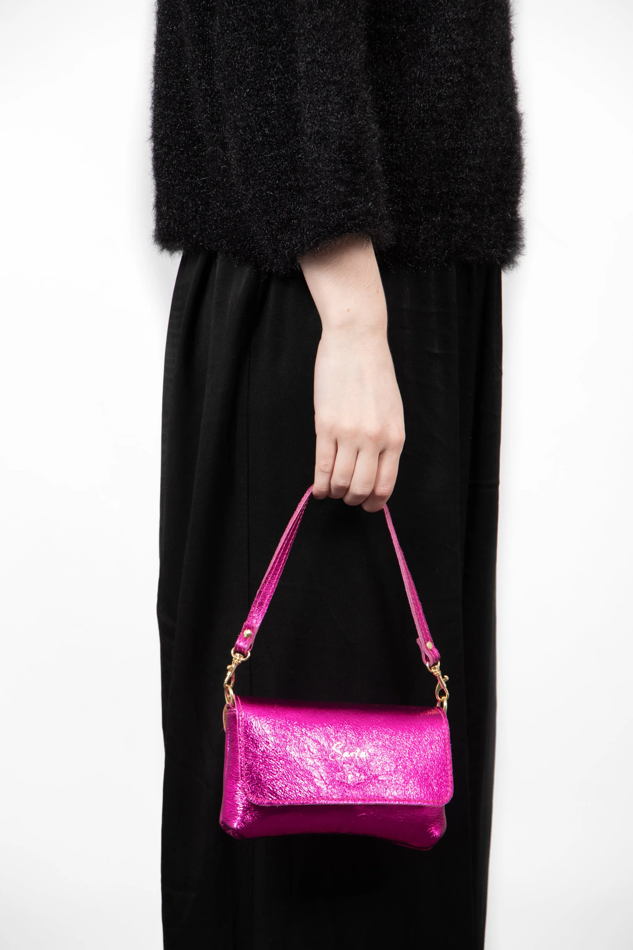 Olga - Italian Leather Mini Crossbody Bag - Raspberry, Metallic