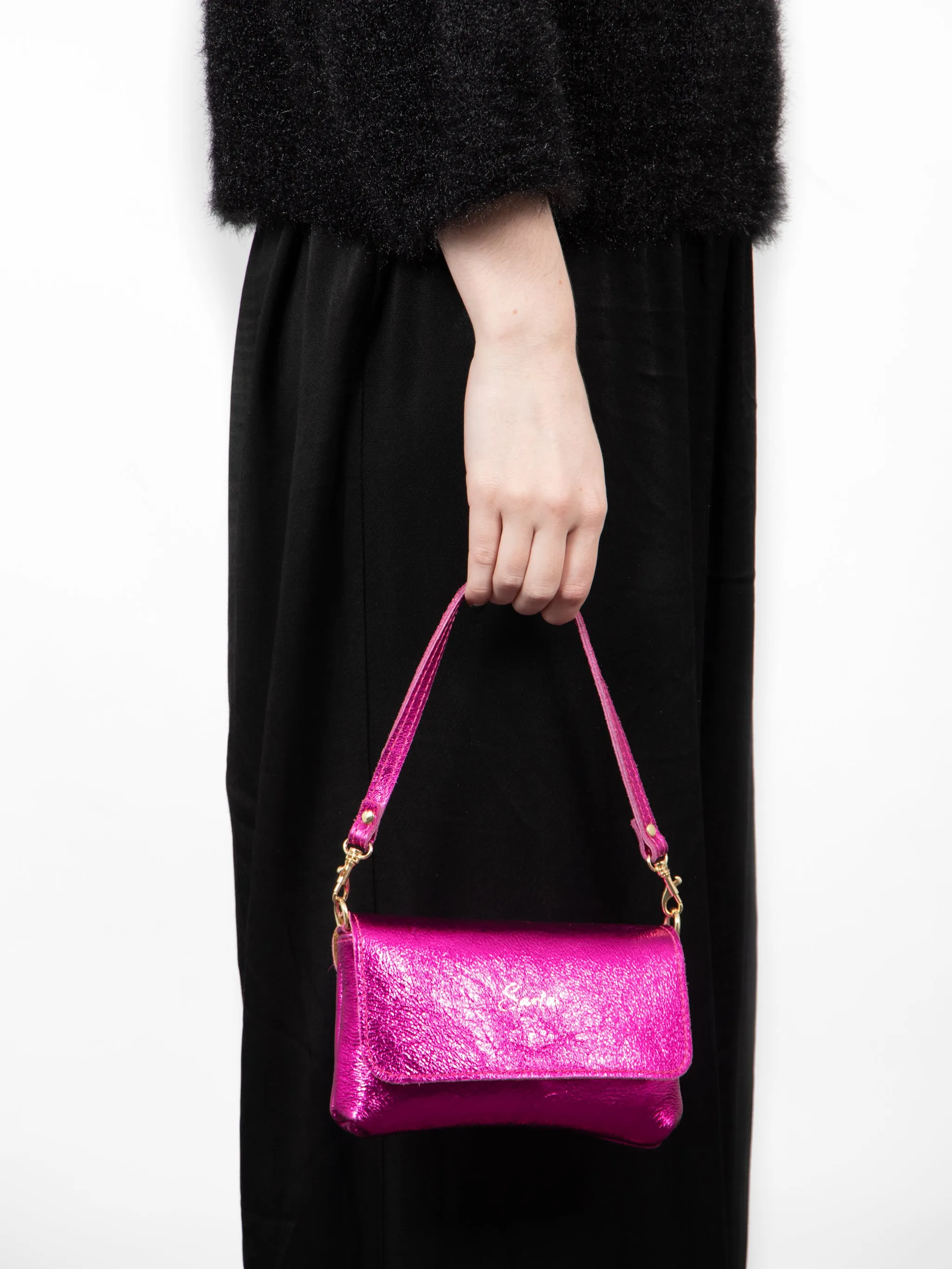 Olga - Italian Leather Mini Crossbody Bag - Raspberry, Metallic