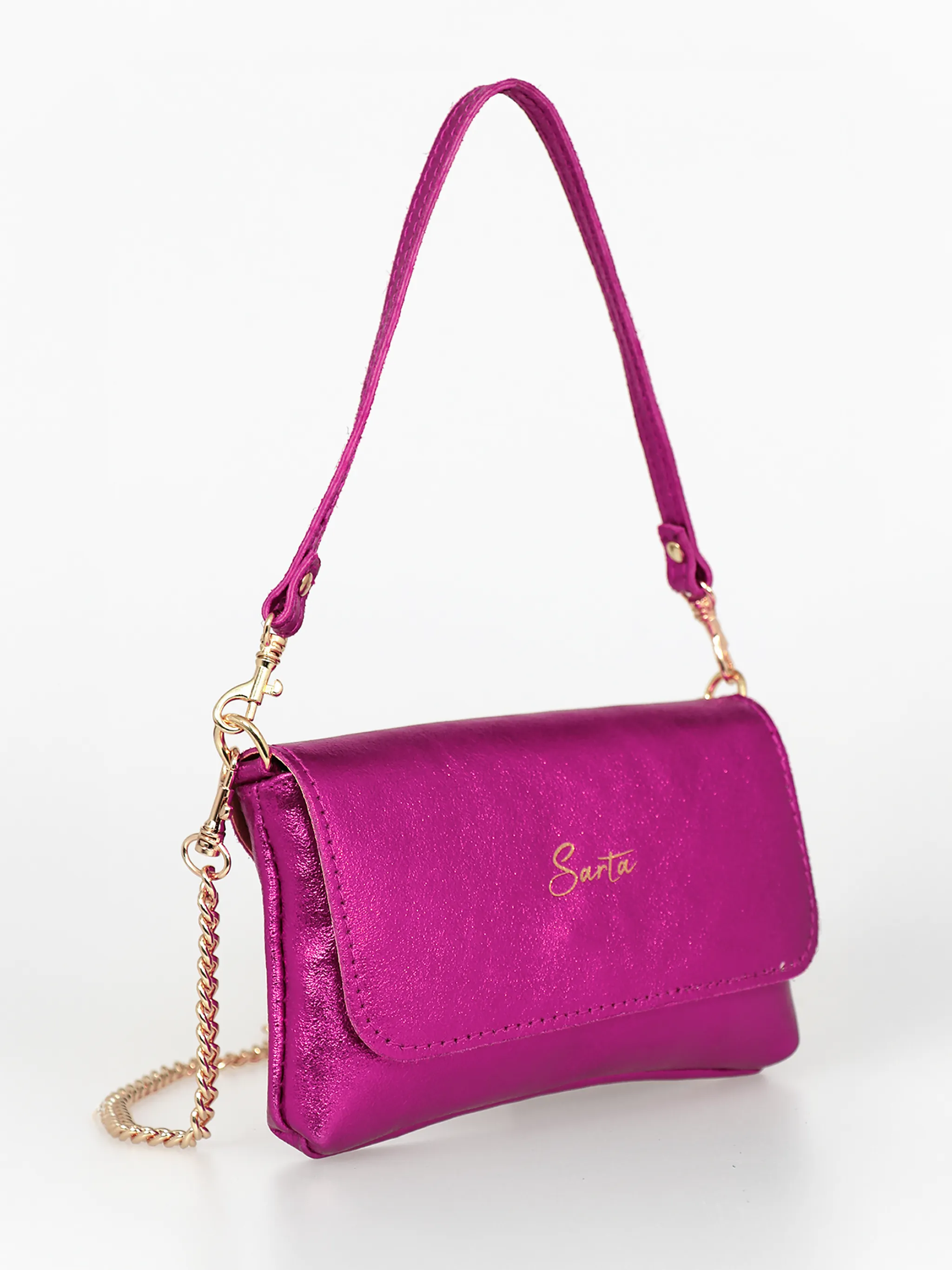 Olga - Italian Leather Mini Crossbody Bag - Raspberry, Metallic