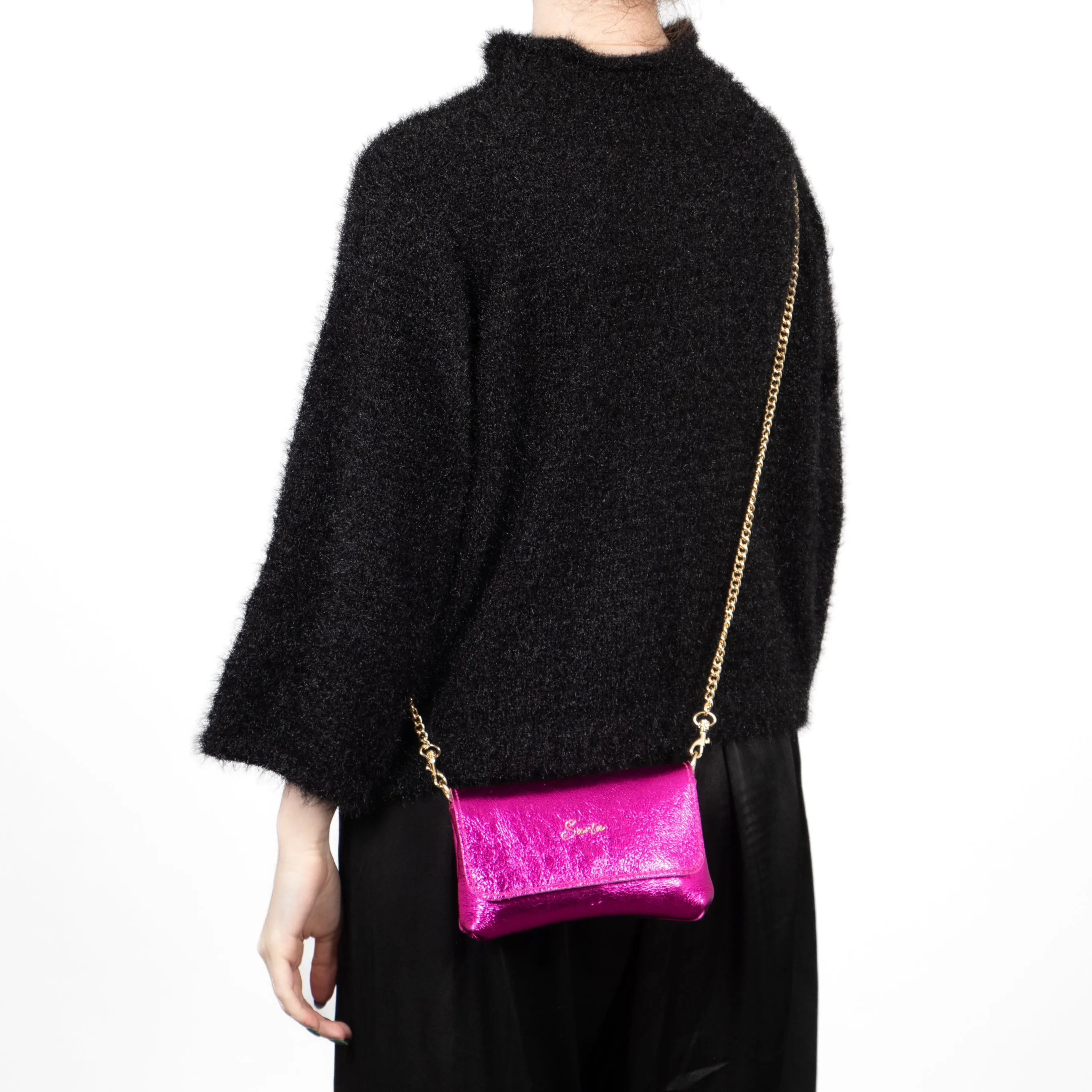 Olga - Italian Leather Mini Crossbody Bag - Raspberry, Metallic