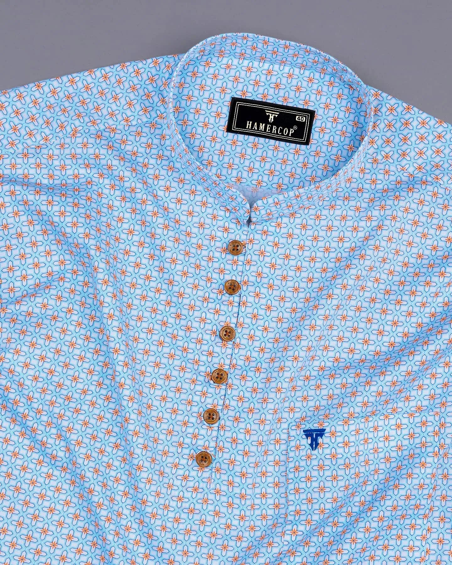 Oswald Blue With Orange Geometrical Printed Cotton Shirt Style Kurta