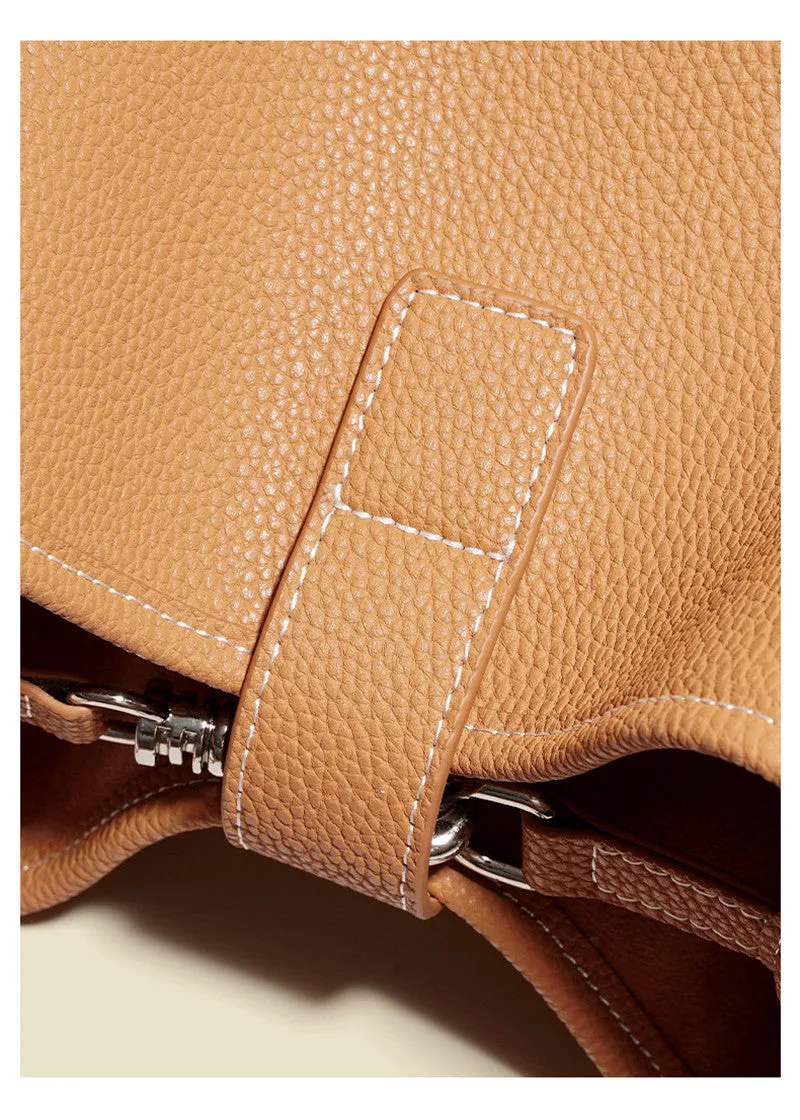 Pebbled Genuine Leather Bucket Tote Bag