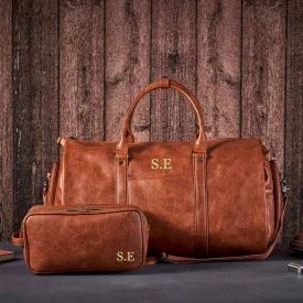 Personalized Vegan Leather Garment Duffle Bag with Toiletry Bag Set, Monogrammed Groomsmen Gift, Leather Dopp Kit Bag