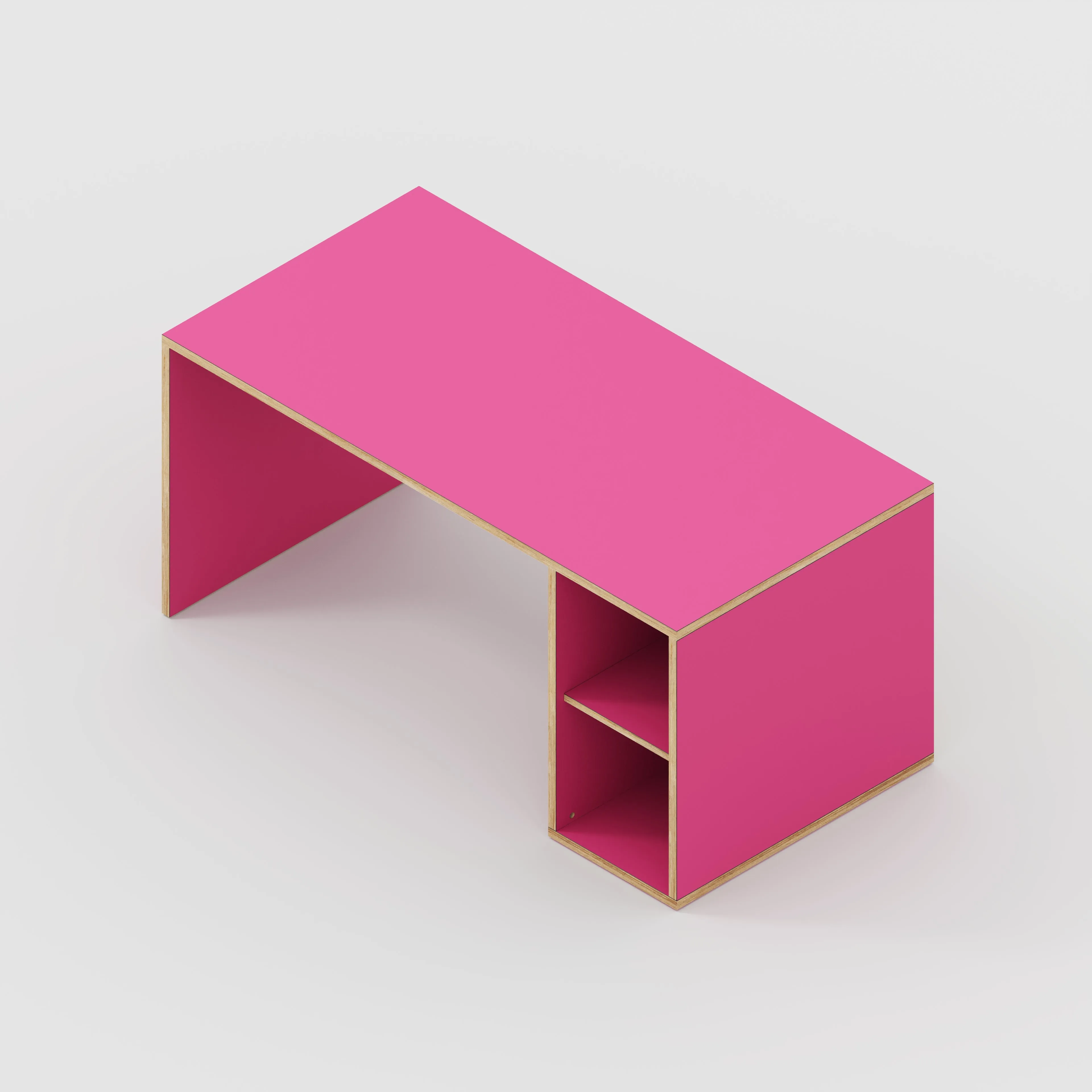 Plywood Desk with Storage Type 1 RH - Open Shelves - Formica Juicy Pink - 1600(w) x 800(d) x 750(h)