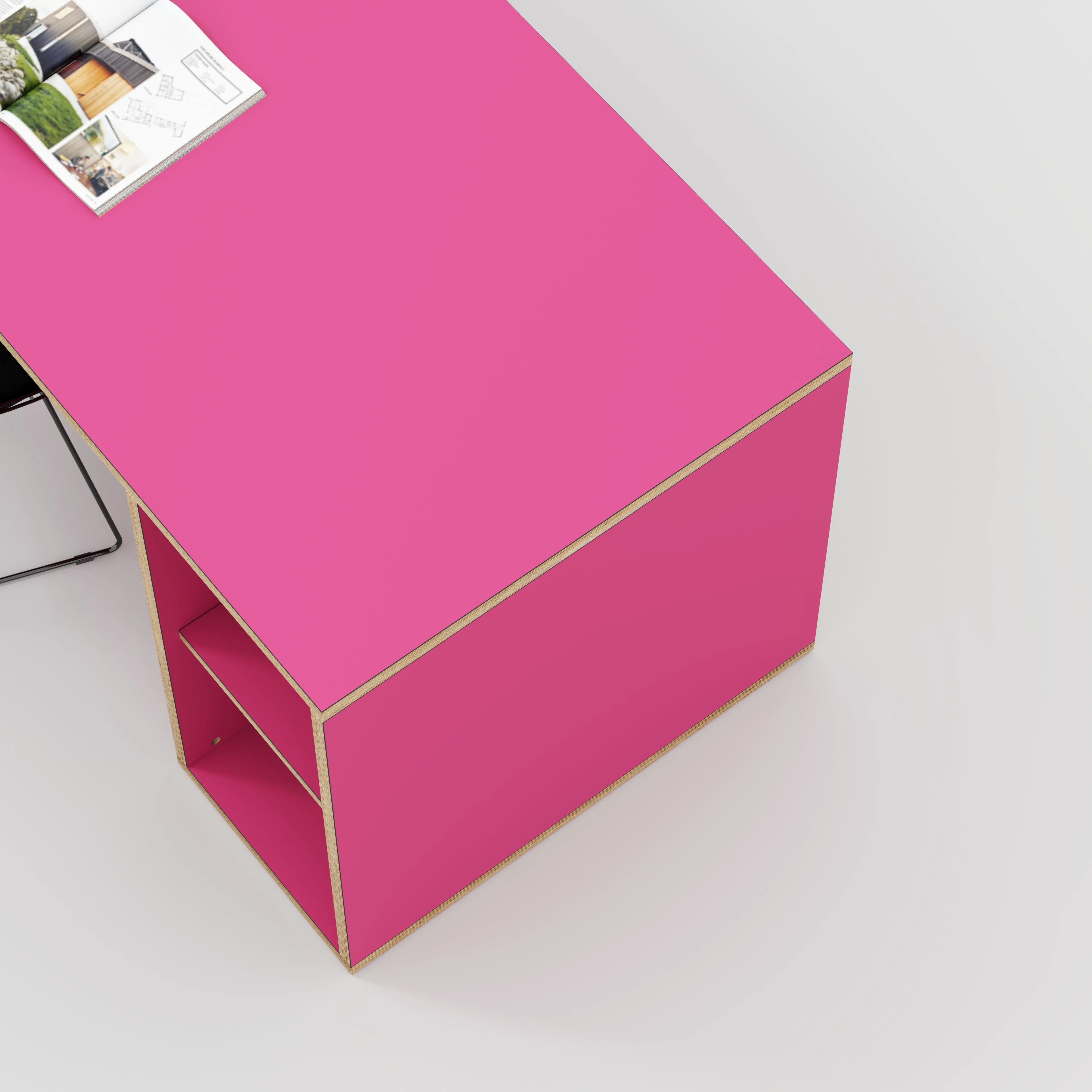 Plywood Desk with Storage Type 1 RH - Open Shelves - Formica Juicy Pink - 1600(w) x 800(d) x 750(h)