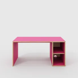 Plywood Desk with Storage Type 1 RH - Open Shelves - Formica Juicy Pink - 1600(w) x 800(d) x 750(h)