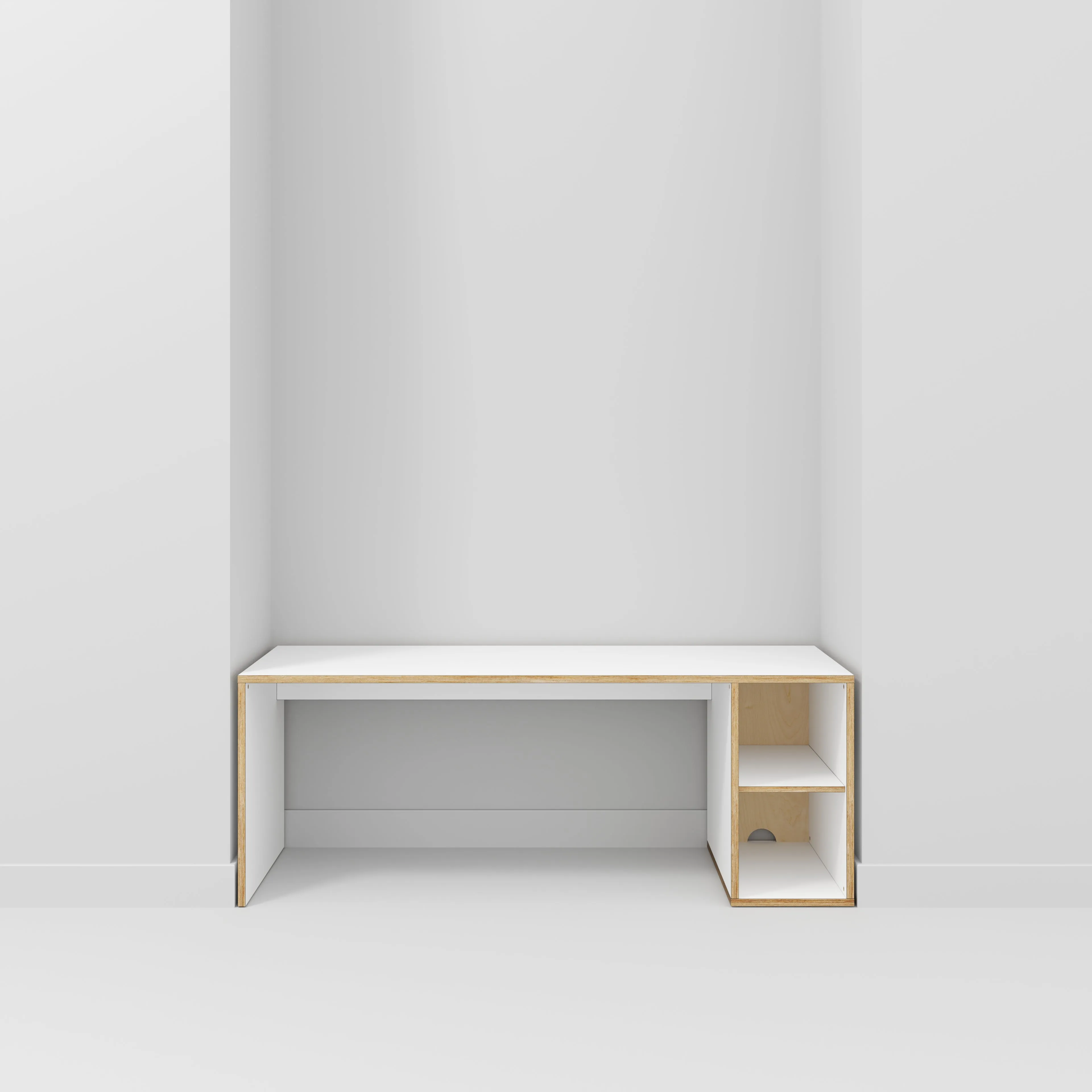 Plywood Desk with Storage Type 1 RH - Open Shelves - Formica White - 2000(w) x 800(d) x 750(h)