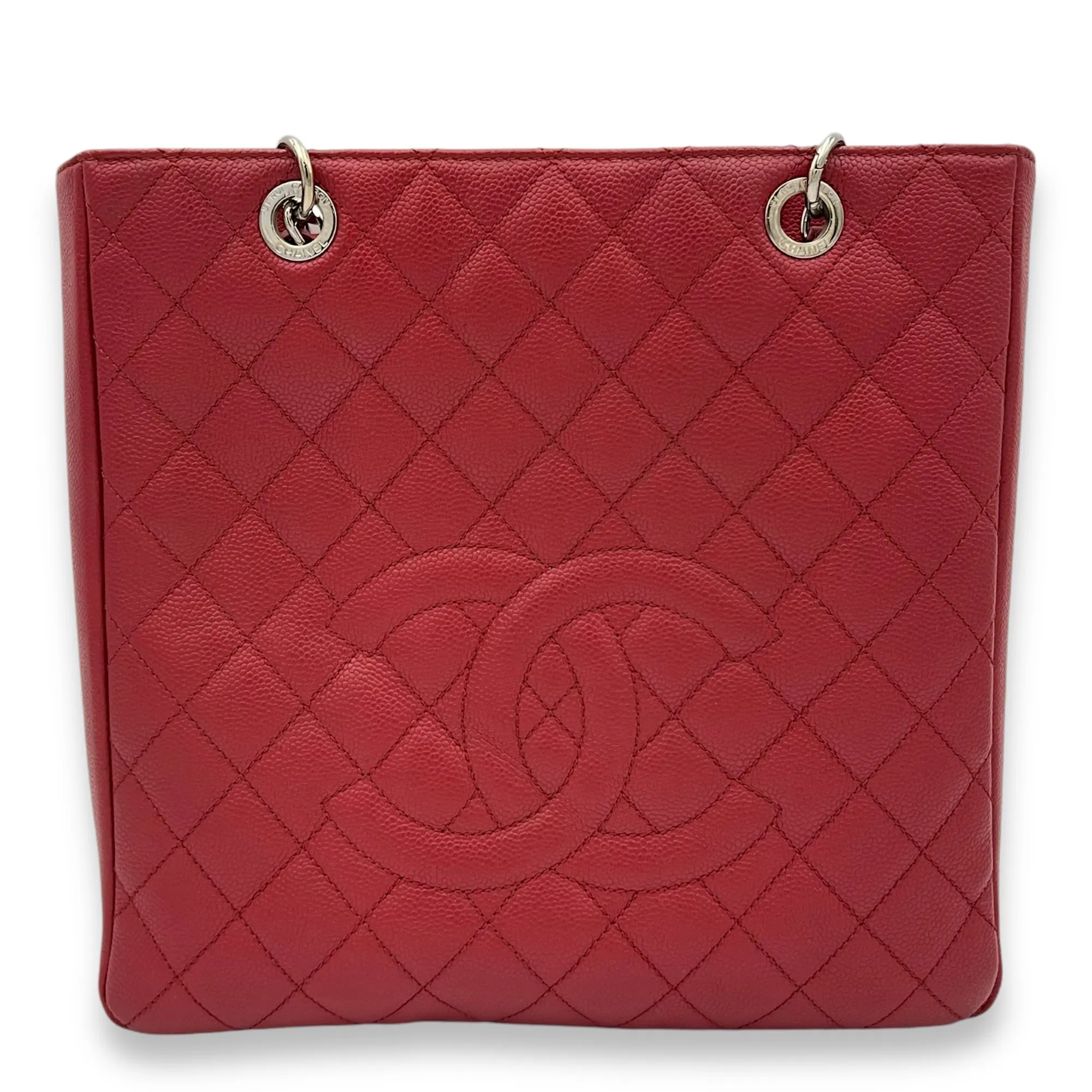 PST Tote Bag Red in Caviar Leather, Silver hardware