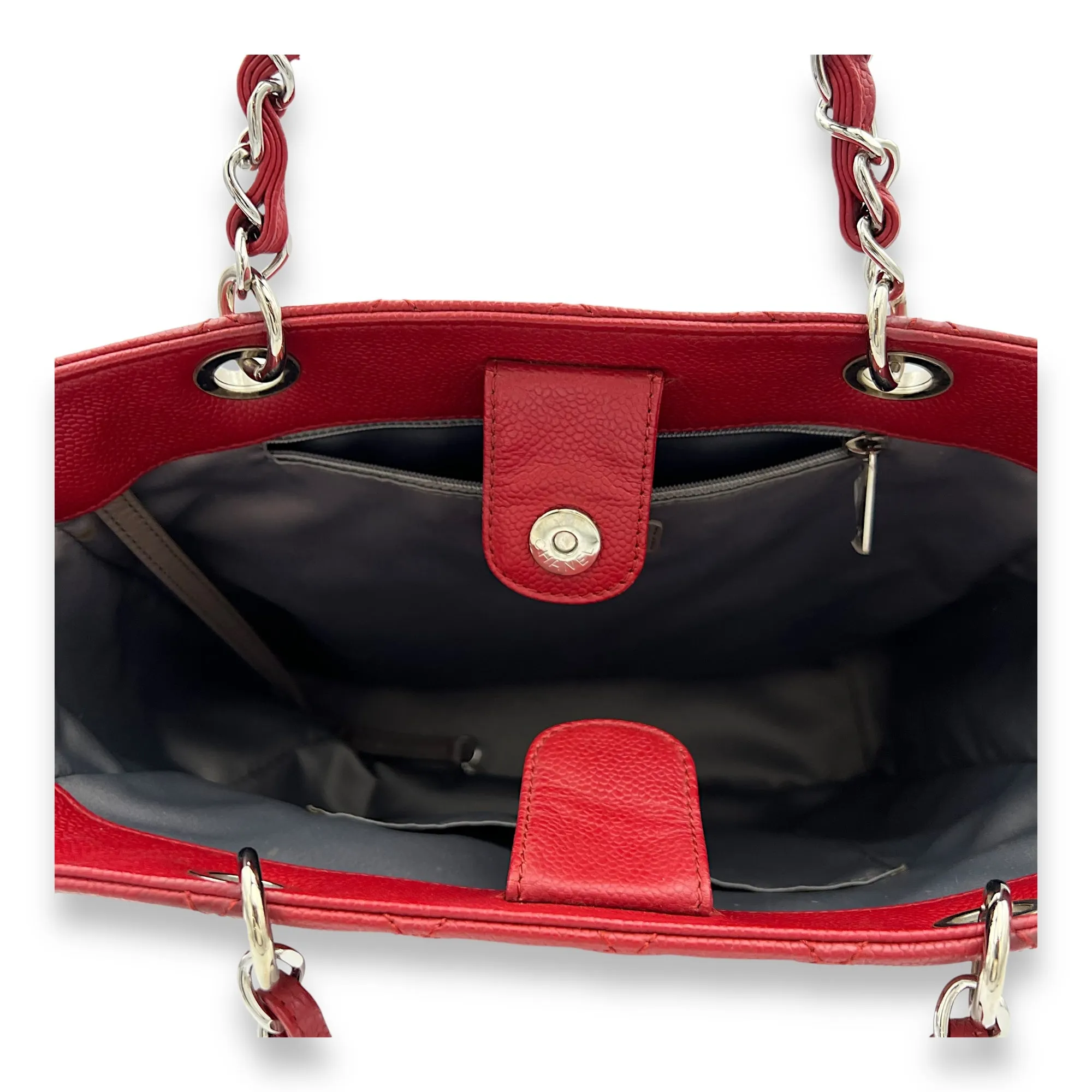 PST Tote Bag Red in Caviar Leather, Silver hardware