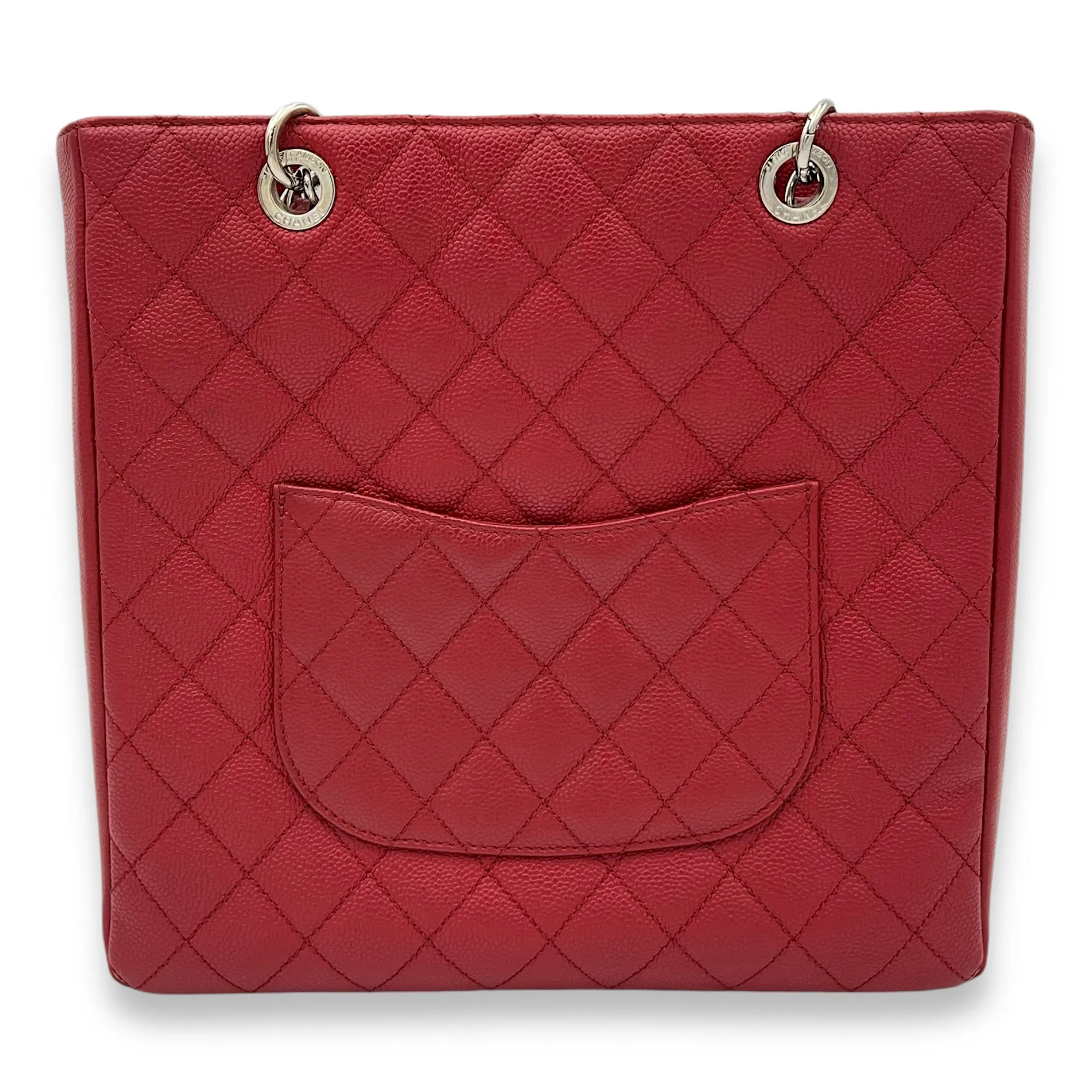 PST Tote Bag Red in Caviar Leather, Silver hardware