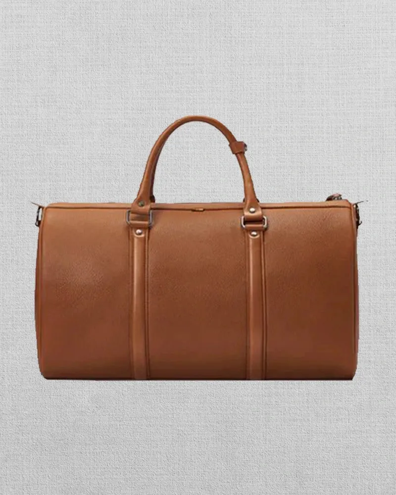 TAN LEATHER DUFFEL BAG WITH LOCK CLOSURE