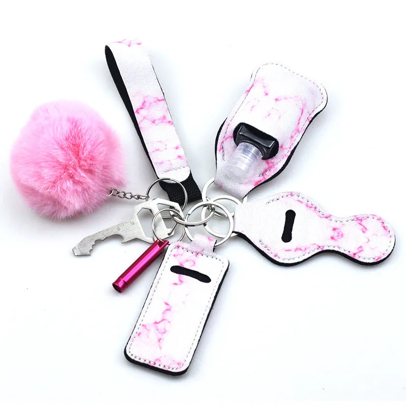 Wholesale Diving Fabric Hair Ball Outdoor Whistle 7pcs Keychain Set